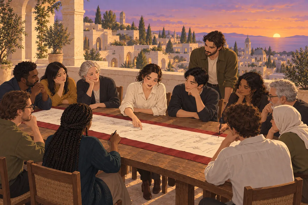 Citizens of many ages and origins sit around a long table on a terrace above a stone city at dusk, each adding a line to one long shared sheet.