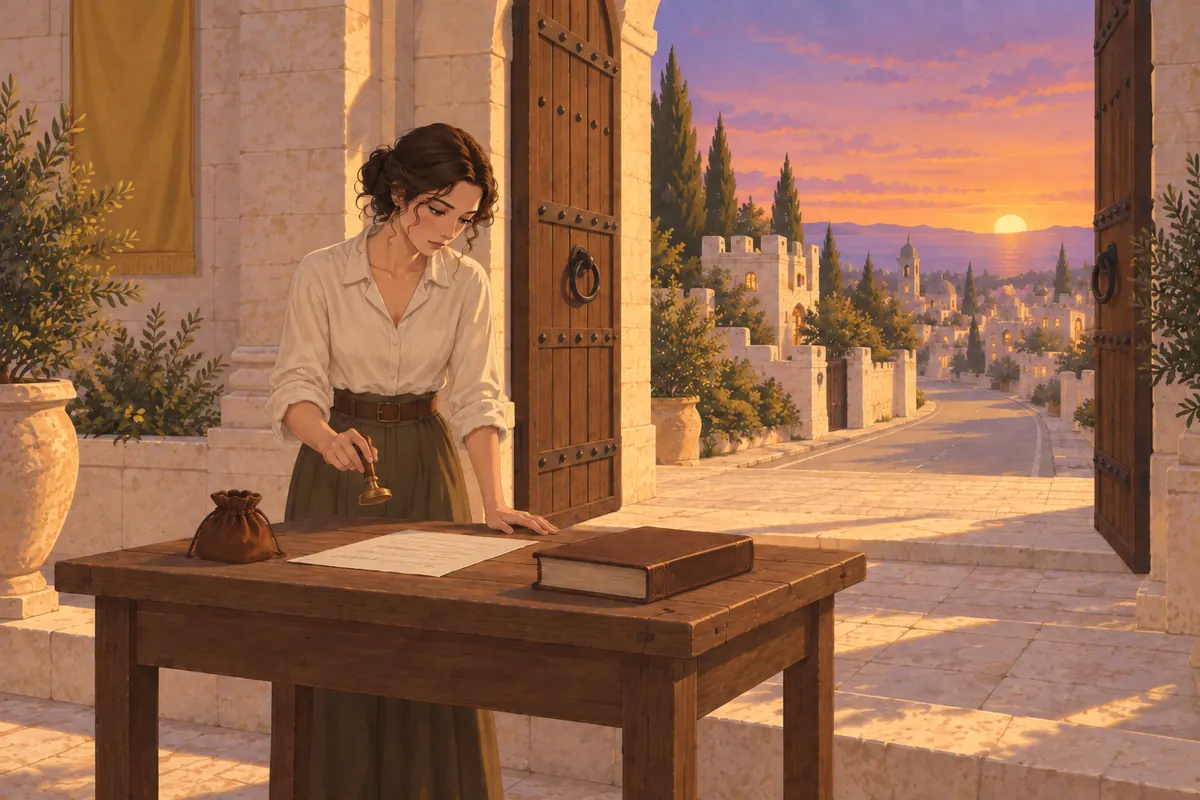 A keeper at a desk beside an open city gate holds a seal above a document without pressing it; a ledger and a small closed purse lie on the desk.