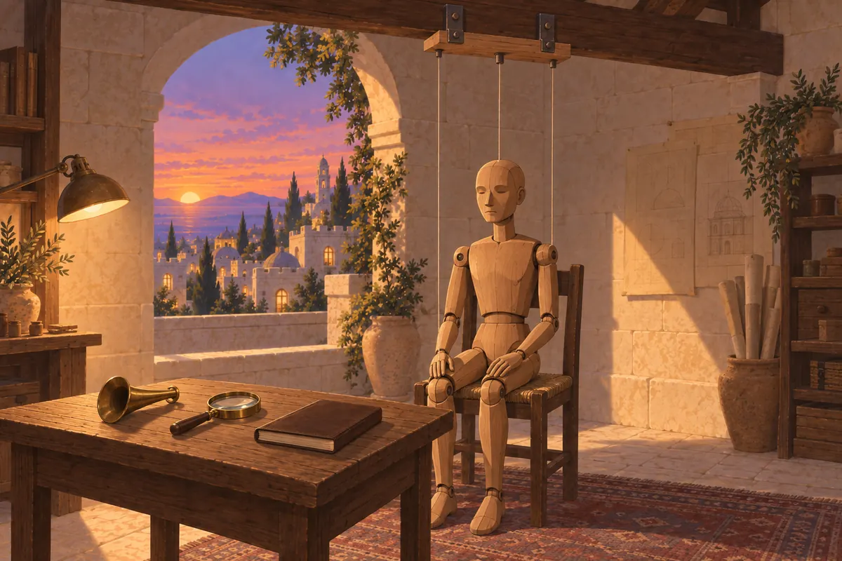 A generic wooden marionette sits perfectly still on a chair in a workshop at dusk, its strings fixed to a crossbar on the beam; on the table in front of it lie an ear trumpet, a magnifying glass and a closed notebook.
