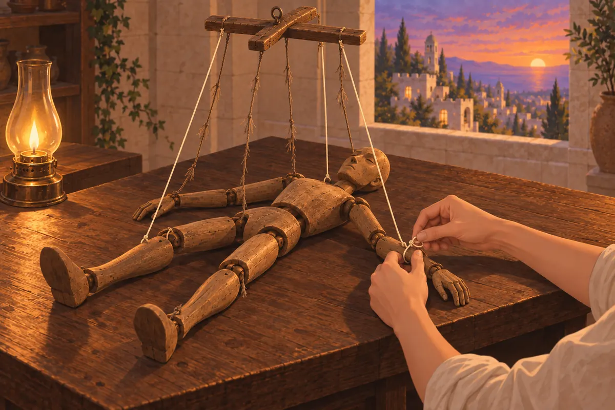 A pair of hands re-ties a few of a wooden marionette’s strings on a workbench by lamplight; the old crossbar stays, and the fresh strings are brighter than the frayed ones.