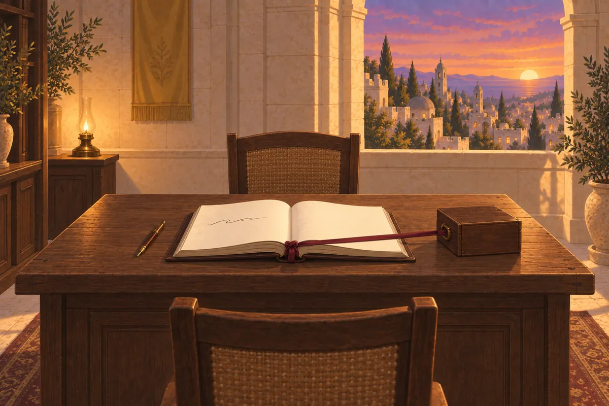 A registry desk in lamplight: an open register with a newly written line, a small wooden box tied to its spine with a ribbon, and an empty chair on the other side of the desk.