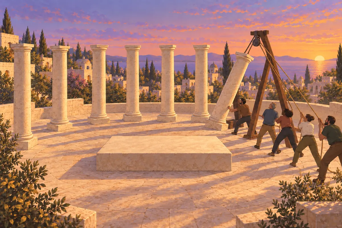 In an open square at dusk, six stone pillars stand in a half circle while a group of people raise the seventh with ropes and a wooden frame; a blank stone tablet lies in the middle.