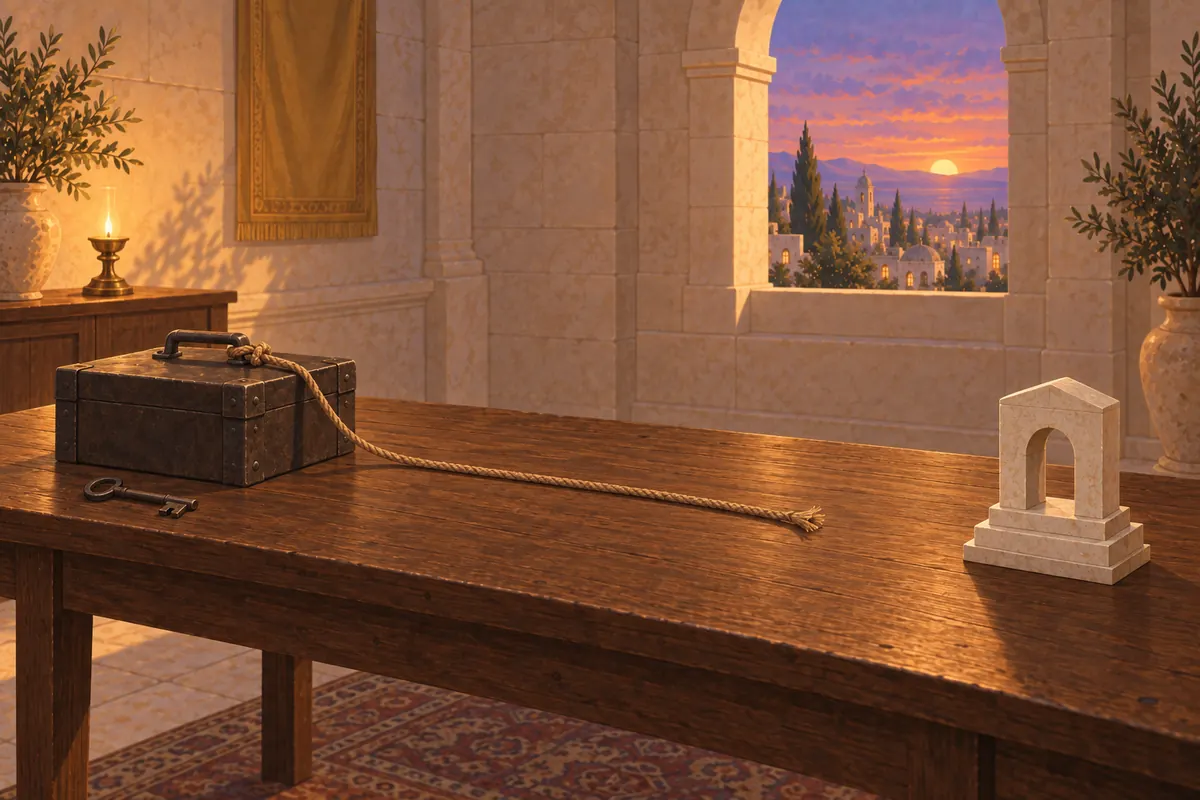 An iron strongbox and a key at one end of a long table; a cord tied to the box runs toward a small stone model of a monument at the other end and stops short, cut.
